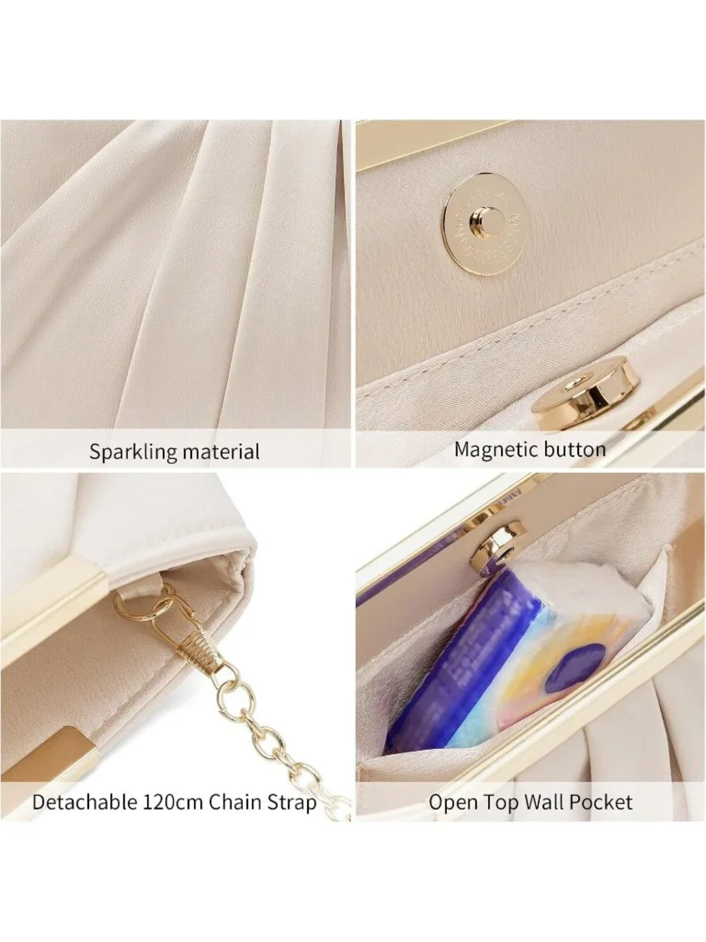 👜 Women's Gold Satin Evening Bag Elegant Pleated Formal Clutch With Chain
